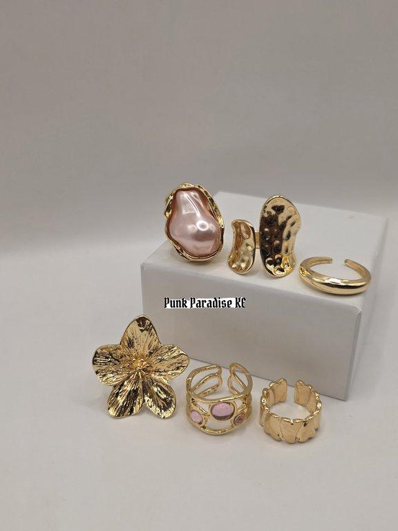 Pink flower 6pc ring set